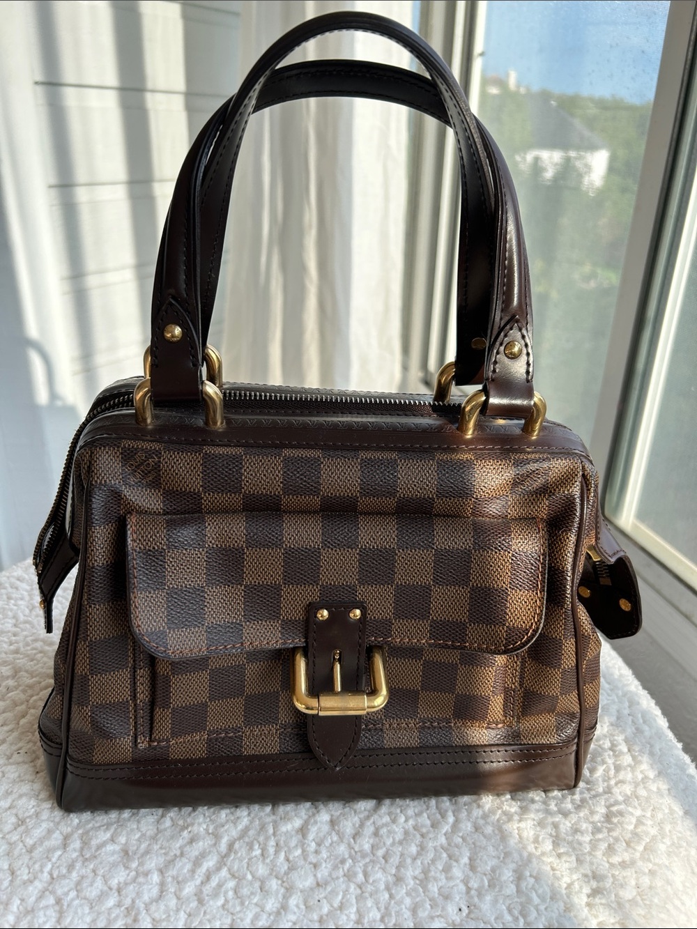 Louis Vuitton Brown Damier Ebene Satchel with Gold Hardware